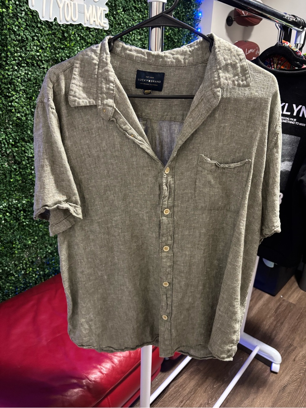 Lucky Brand Woman’s Olive Green Short-Sleeve Linen Shirt